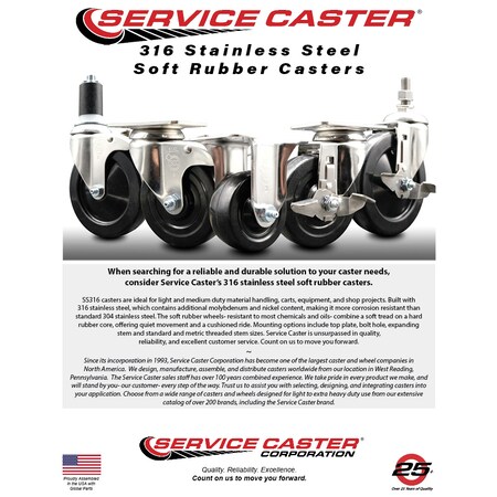 Service Caster 3 Inch 316SS Soft Rubber Wheel Swivel 10mm Threaded Stem Caster SCC SCC-SS316TS20S314-SRS-M1015